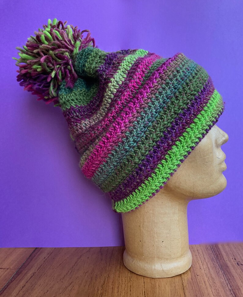 Pure new wool crocheted beanie slouch hat Winter Berries green purple
