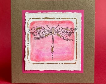 Three handmade greeting card watercolours dragonflies with envelopes