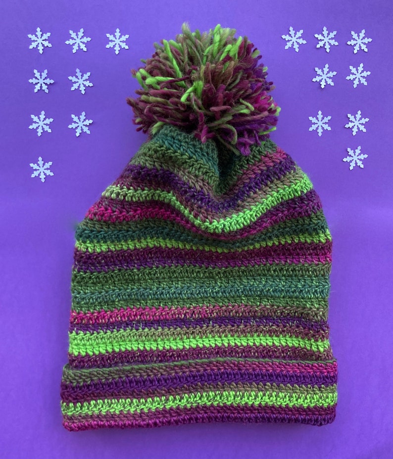 Pure new wool crocheted beanie slouch hat Winter Berries green purple