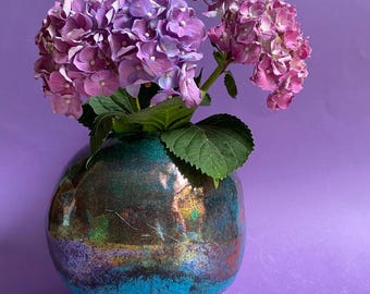 Rainbow turquoise copper raku vessel pot moon jar