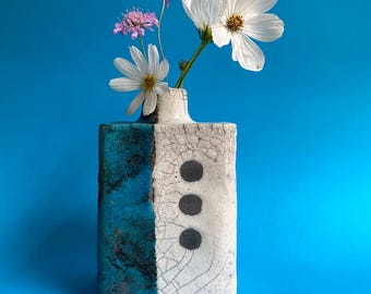 White copper turquoise raku vessel pot
