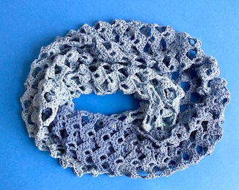 Handmade Crochet Cotton Infinity Scarf - Cool Blues Shell Stitch