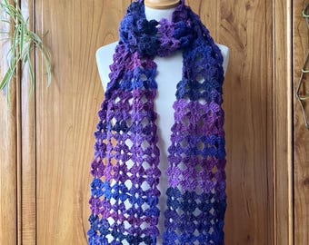 Crocheted scarf flowers wool purple pink blue