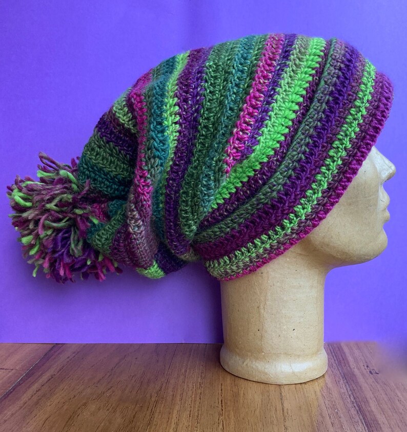 Pure new wool crocheted beanie slouch hat Winter Berries green purple