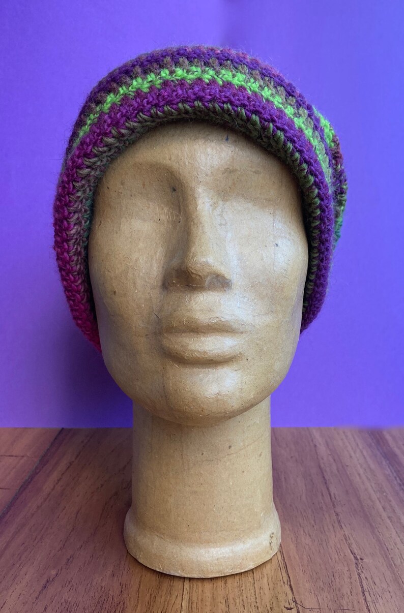 Pure new wool crocheted beanie slouch hat Winter Berries green purple