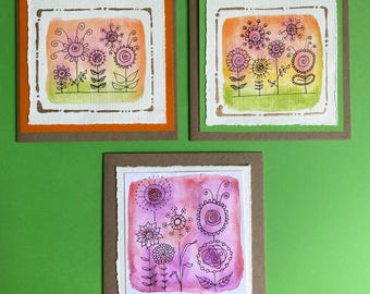 Three handmade greeting card watercolours flowers recycled with envelope pack of three