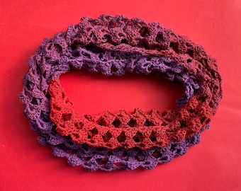 Crochet cotton infinity scarf red purple
