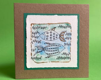 Two handmade greeting card watercolours fish with envelopes