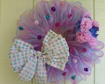 Cutesy Pink Purple and Aqua Handmade Wreath, Multicolored Sparkle Wreath, Front Door Festive Mesh Wreath