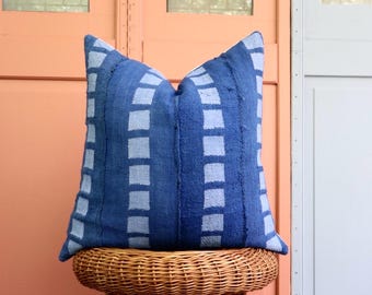 Authentic Mudcloth Pillow Cover | Royal Blue Geometric Handwoven Accent Cushion (18x18, Lumbar)