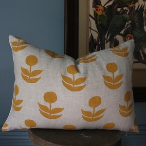 Hand Block Printed Linen Pillow Cover, Mustard Yellow Floral, Boho Mid-Century Modern Decor