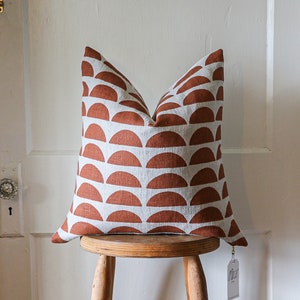 Terracotta Natural Linen Throw Pillow Cover Brick Hand Printed Designer Pillows Boho Throw Pillow for Sofa Midcentury Modern Pillowcase