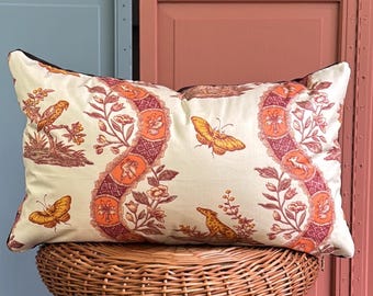 Vintage Chinoiserie Toile Lumbar Pillow: Cream, Rust, Brown Velvet Back