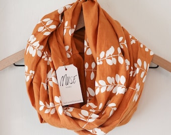 Infinity Scarf Linen Infinity Scarf Orange Infinity Scarf Linen Women's Scarf Hand Printed Scarf Soft Infinity Scarf Linen Circle Scarf