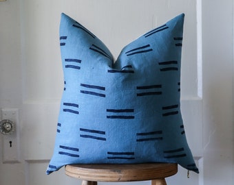 Blue Pillow Cover Linen Midcentury Pillow Mudcloth Pillow Lookalike Linen Boho Throw Pillow