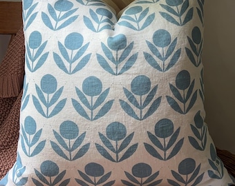 Scandinavian Floral Block Print Linen Pillow Cover: Blue/Orange Design (18x18, 20x20)