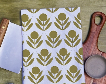 Sage Green Floral Tea Towel, Modern Scandinavian Kitchen Decor