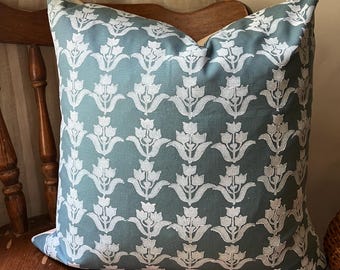 Hand Block Print Pillow Cover: Blue Folk Floral Cotton Case (18x18)