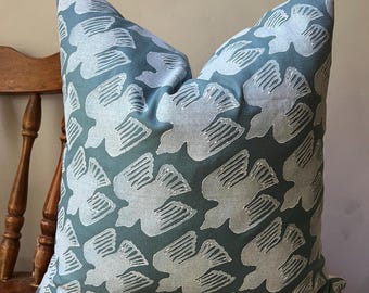 Handmade Block Print Bird Pillow Cover, Norwegian Folk Art, Slate Blue (100% Cotton Canvas)