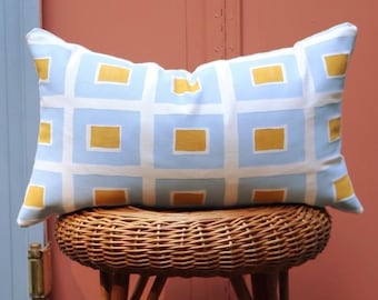 Modern Eclectic Throw Pillow Cover Block Printed Fabric Yellow Blue Accent Pillow 20x20 pillow cover