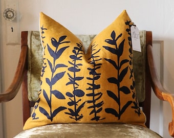 Deep Yellow Linen Pillow Cover with Indigo Eucalyptus Design – Boho Chic Home Decor