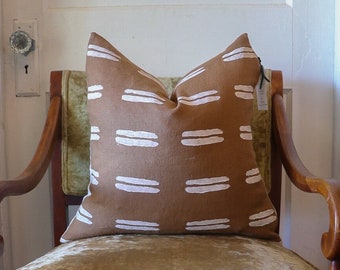 Hand Block Printed Linen Pillow Cover: Blue/Orange Geometric Design, 100% Linen Front