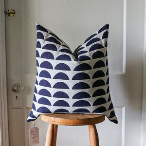 Hand Block Printed Linen Throw Pillow Cover: Navy Half Moon Design, Off-White Denim Back