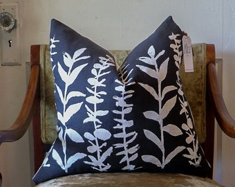 Hand Block Printed Linen Pillow Cover – Charcoal Gray, Off-White Denim Back