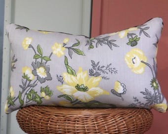 Thibaut Nemour Grey and Yellow Floral Linen Pillow Cover Brown Velvet Back