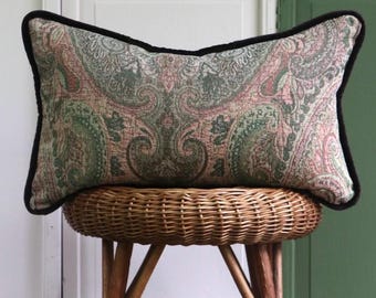 Vintage Paisley Lumbar Pillow, Green Pink Tapestry Accent Cushion, Brown Velvet Piping