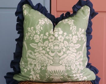 Vintage Floral Designer Pillow Cover  Authentic Bloomcraft Fabric Linen Ruffle Edge Handmade Artisan Pillow Cover