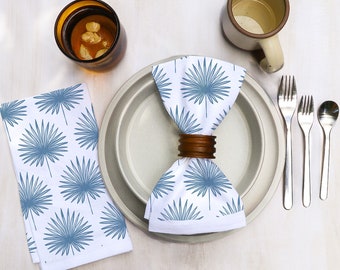 Palm Leaves Cloth Napkin Set Cotton in Blue Yellow Pink Green Gold Boho on Bright White Cotton Tropical Midcentury Modern Dining Decor