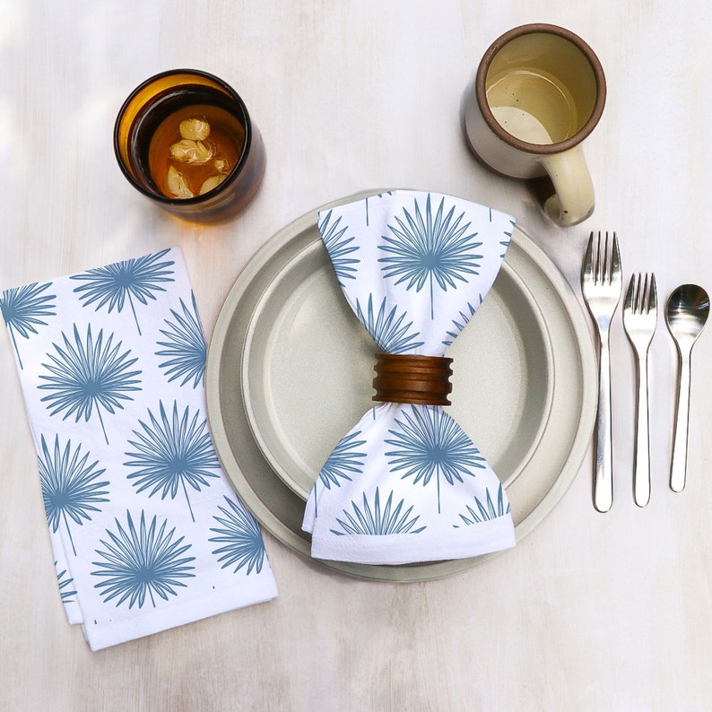 Cotton Dinner Napkins with Palm Leaves Design in Various Colors Boho on Bright White Cotton Organic Tropical Midcentury Modern Dining Decor Blue