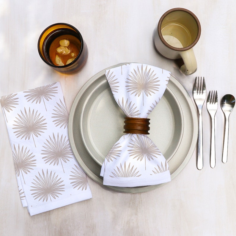 Cotton Dinner Napkins with Palm Leaves Design in Various Colors Boho on Bright White Cotton Organic Tropical Midcentury Modern Dining Decor Taupe