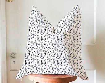 Hand Block Printed Linen Pillow Cover: Blue Buttercups Botanical Design