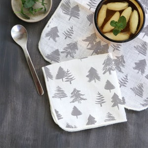 Cocktail Napkins White Linen with Evergreen Trees Pattern Available in Several Colors Christmas Mid Mod Designs Bohemian set of 4, 6, or 8 Silver