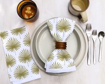 Cotton Dinner Napkins with Palm Leaves Design in Various Colors Boho on Bright White Cotton Organic Tropical Midcentury Modern Dining Decor