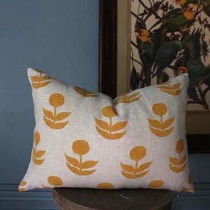 Hand Block Printed Linen Pillow Cover, Mustard Yellow Floral, Boho Mid-Century Modern Decor