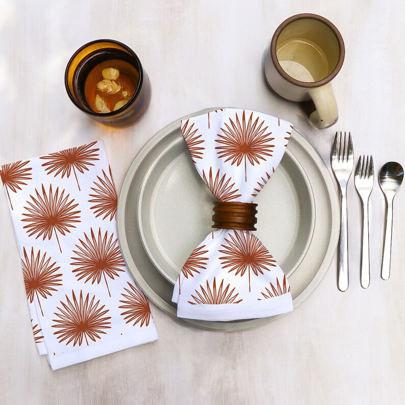 Cotton Dinner Napkins with Palm Leaves Design in Various Colors Boho on Bright White Cotton Organic Tropical Midcentury Modern Dining Decor Terracotta