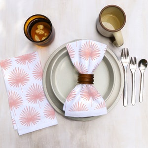 Cotton Dinner Napkins with Palm Leaves Design in Various Colors Boho on Bright White Cotton Organic Tropical Midcentury Modern Dining Decor Pink