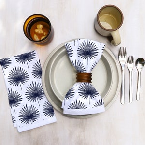 Cotton Dinner Napkins with Palm Leaves Design in Various Colors Boho on Bright White Cotton Organic Tropical Midcentury Modern Dining Decor Indigo