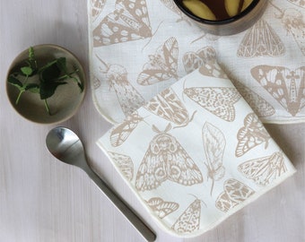 Cocktail Napkins White Linen with Patterns printed in Taupe Abstract and Organic Designs Bohemian Midcentury Modern (set of 4, 6, or 8)