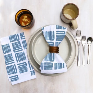 Cotton Dinner Napkins with Zigzag Squares Geometric Design in Various Colors Boho on Bright White Cotton Midcentury Modern Dining Decor Blue