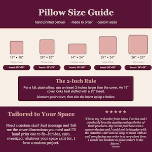 May include: A pillow size guide infographic with a dark purple background and cream sections. It displays five square and rectangular pillow cover sizes from 18x18 to 26x26 inches, corresponding insert sizes, the 2-inch rule, and a customer review.