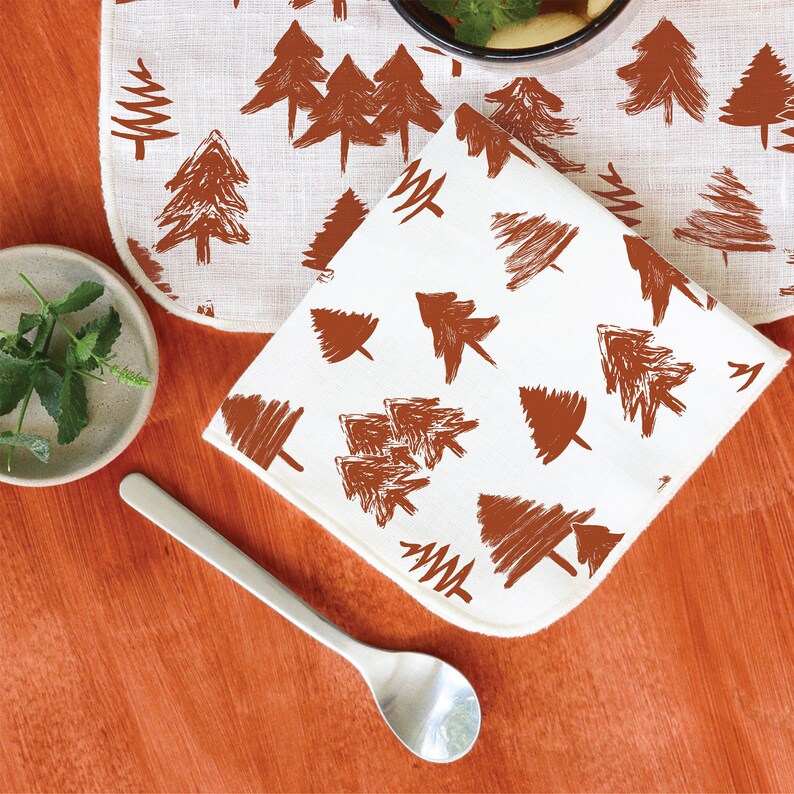 Cocktail Napkins White Linen with Evergreen Trees Pattern Available in Several Colors Christmas Mid Mod Designs Bohemian set of 4, 6, or 8 Terracotta