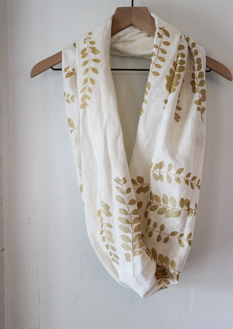 Infinity Scarf Linen Infinity Scarf Gold Infinity Scarf Linen Women's Scarf Hand Printed Scarf Soft Infinity Scarf Linen Circle Scarf Gold 画像 5