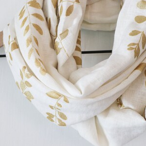 Infinity Scarf Linen Infinity Scarf Gold Infinity Scarf Linen Women's Scarf Hand Printed Scarf Soft Infinity Scarf Linen Circle Scarf Gold image 2
