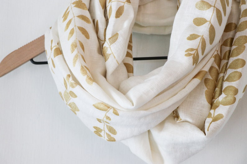 Infinity Scarf Linen Infinity Scarf Gold Infinity Scarf Linen Women's Scarf Hand Printed Scarf Soft Infinity Scarf Linen Circle Scarf Gold 画像 2