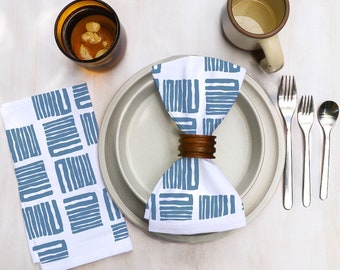 Cotton Cloth Dinner Napkins in Blue Original Boho Designs on Bright White Cotton Geometric and Organic Modern Midcentury Dining Decor