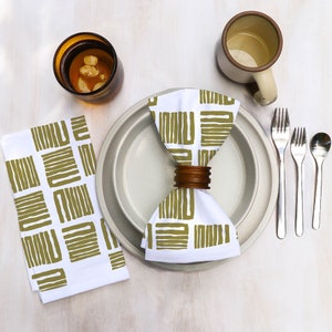 Cotton Dinner Napkins with Zigzag Squares Geometric Design in Various Colors Boho on Bright White Cotton Midcentury Modern Dining Decor Green